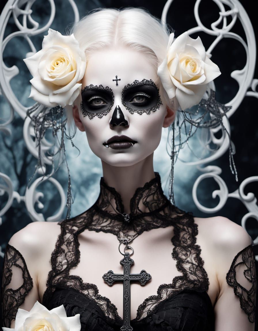 Gothic Albino Woman with Cross in Splash Art Style
