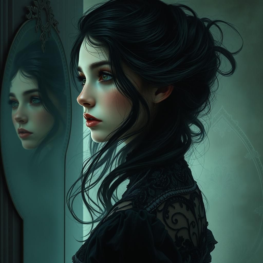 Ethereal Woman Reflecting, in Dark Surrealist Style