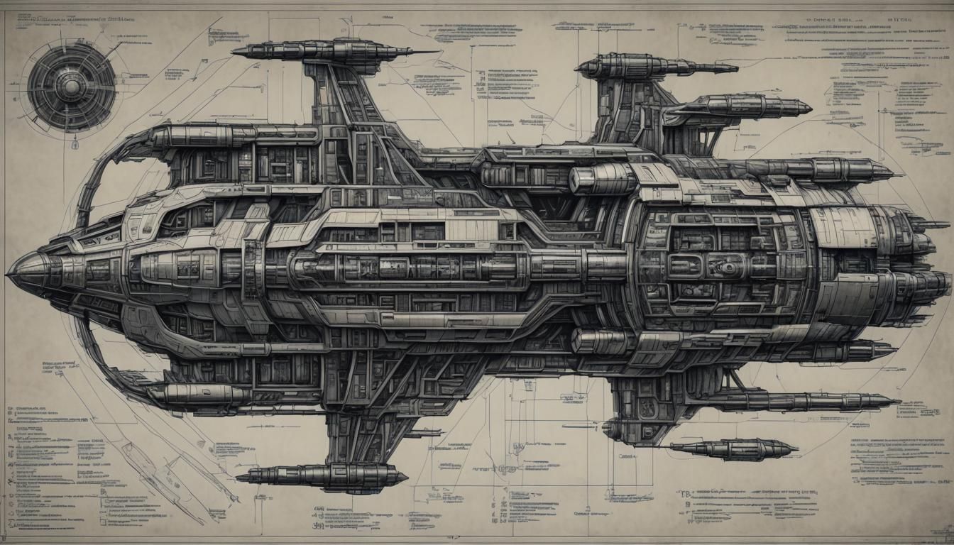 Detailed Blueprint of Interstellar Spaceship in Sci-Fi Style