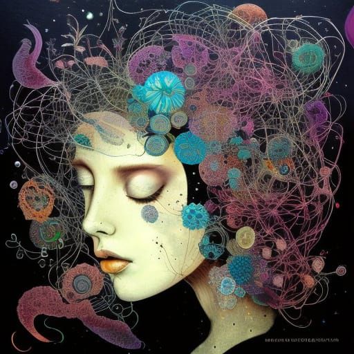 Intricate Textile Art Woman Portrait with Flowers