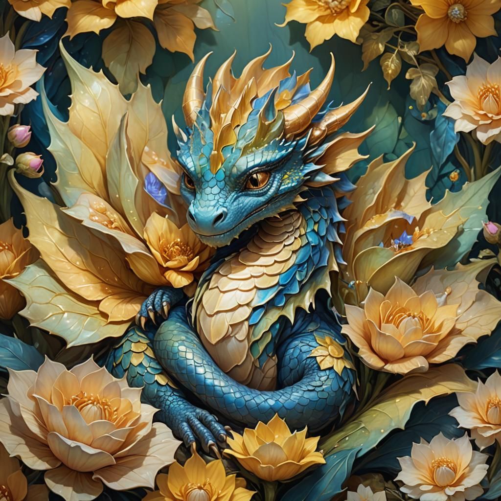 Baby Dragon Sleeping in Giant Flower, Fantasy Art