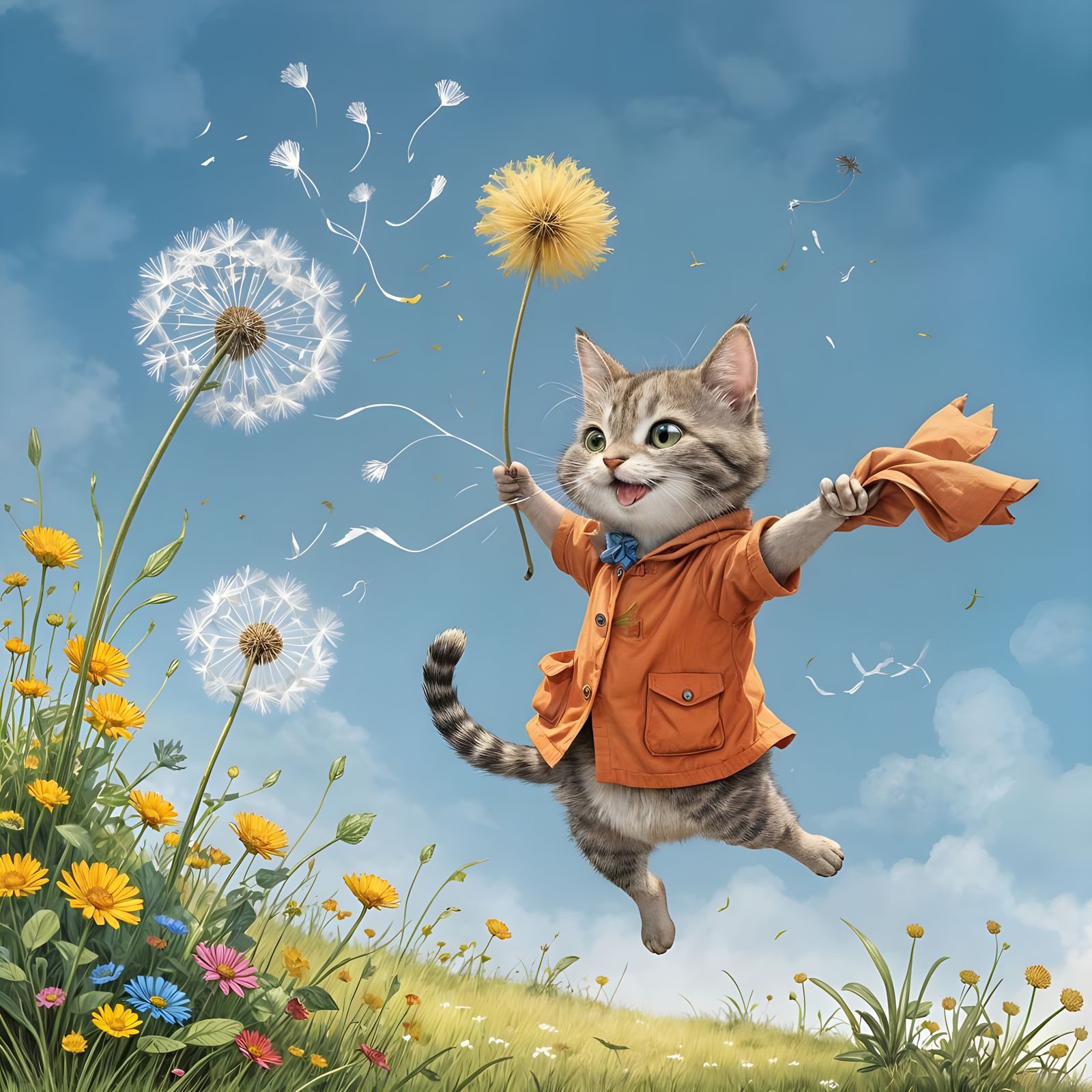 Whimsical Cartoon Cat Amidst Floating Dandelions