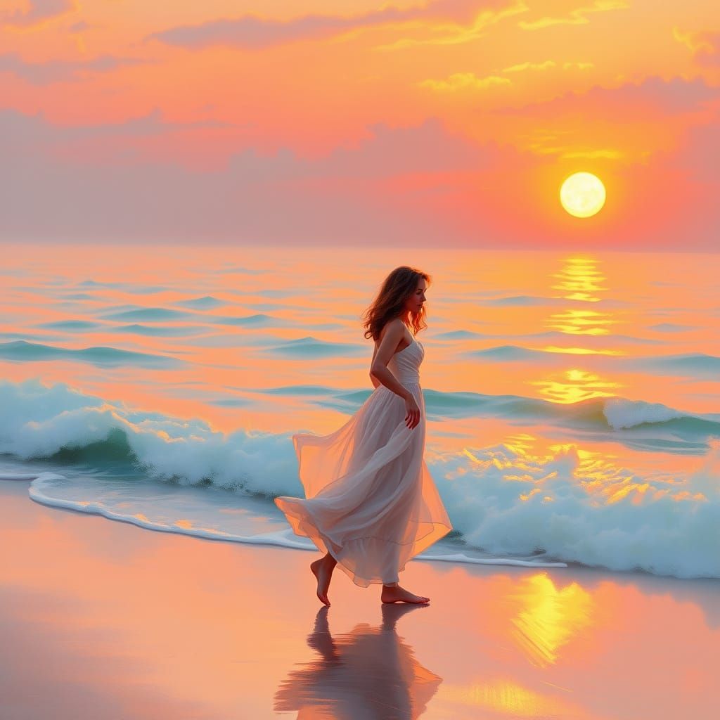 Golden Sunset Beach Scene in Impressionist Style