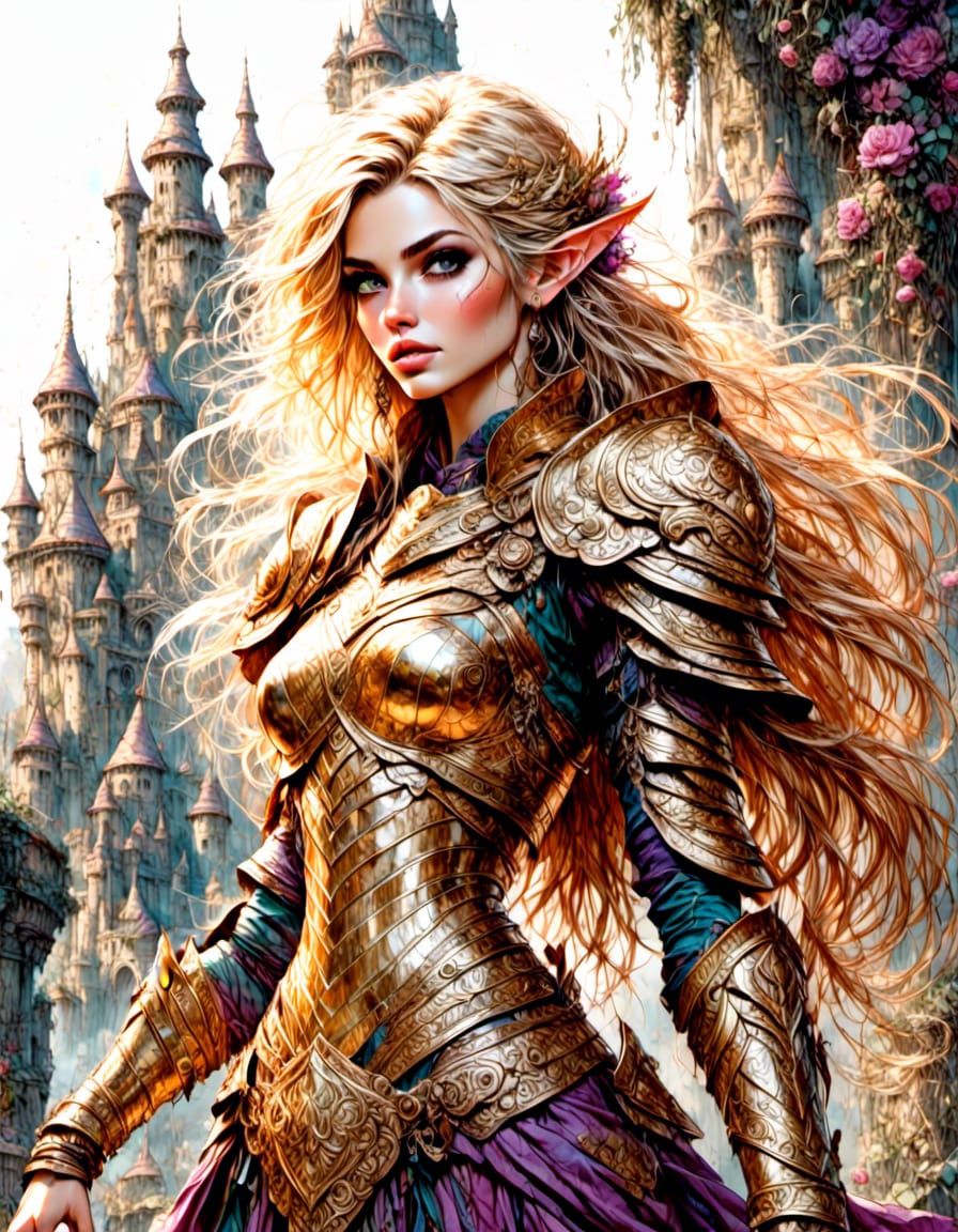 Epic Elf Paladin in Golden Armor Illustration