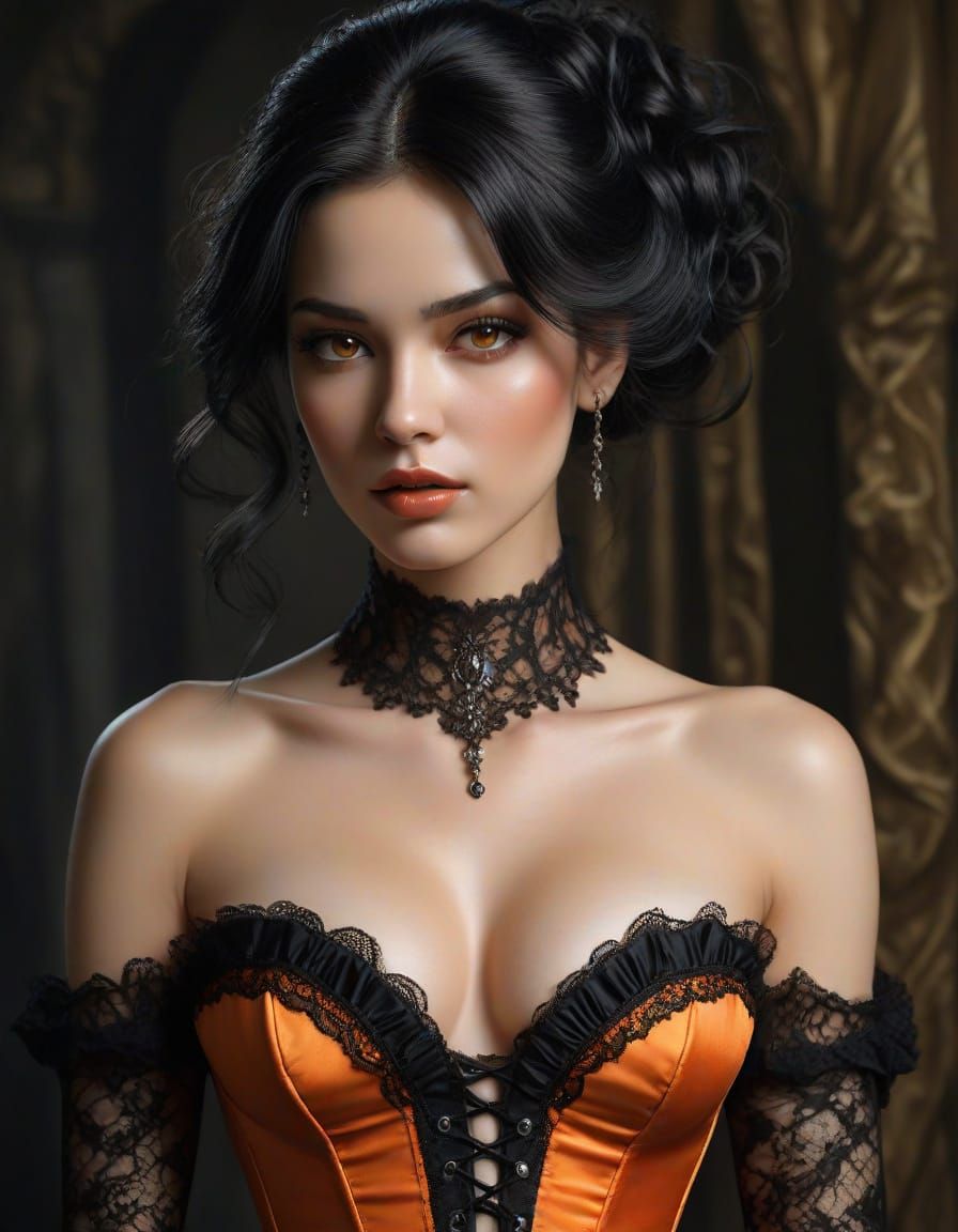 Beautiful Woman in Orange and Black Corset