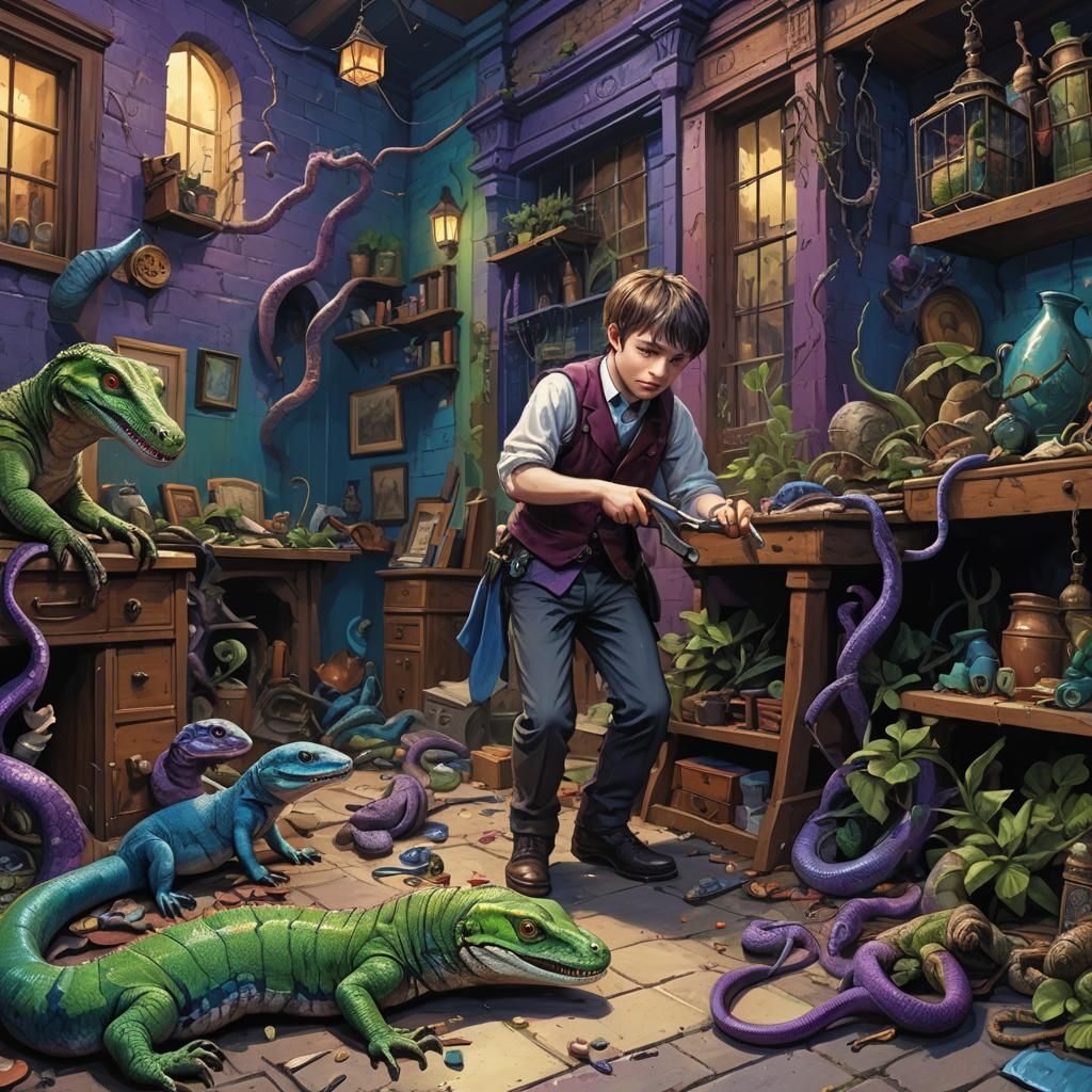 Fantasy Lizards Overwhelm Boy: Dark Concept Art