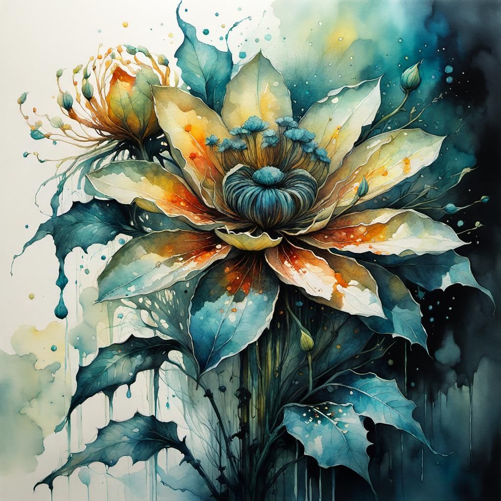 Exotic Flowers in Watercolor Ink, Intricate Magical Art