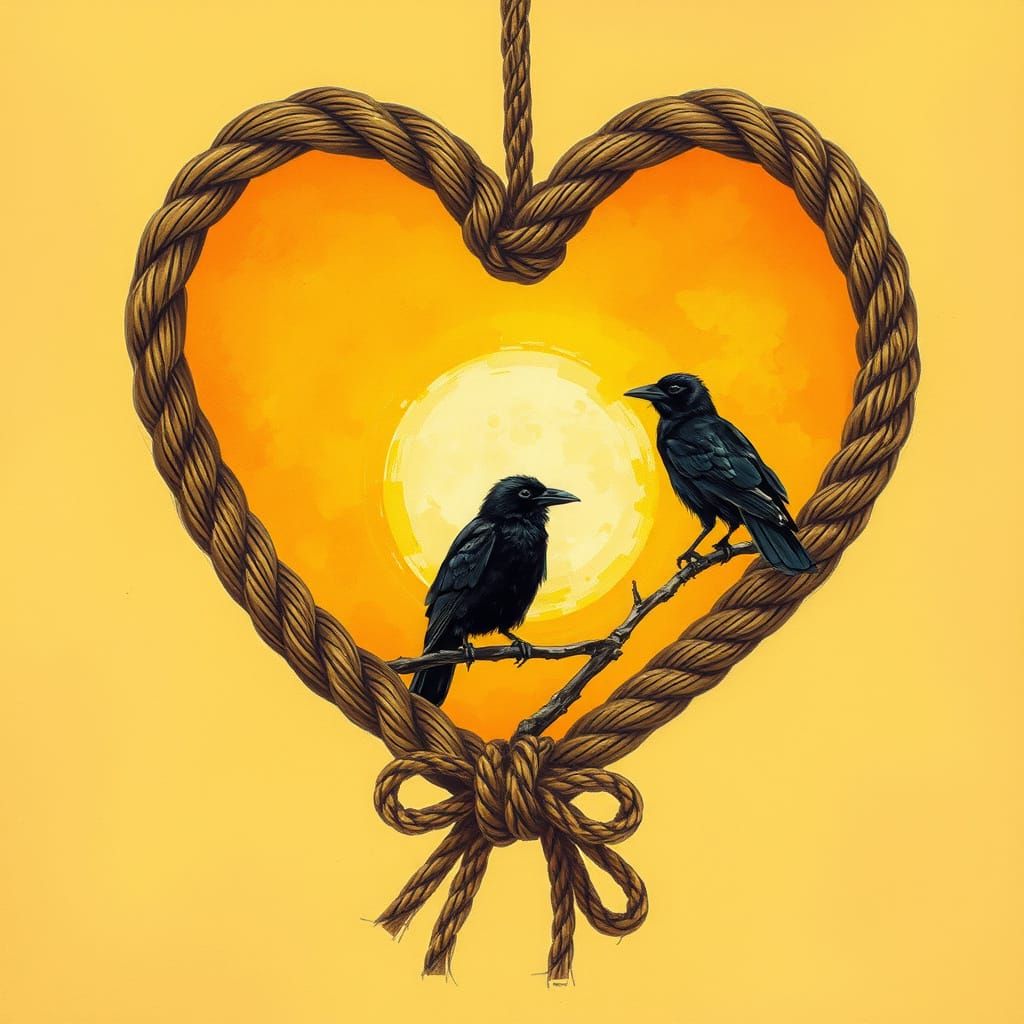 Earthly Heart Frame with Vibrant Sunset and Crows