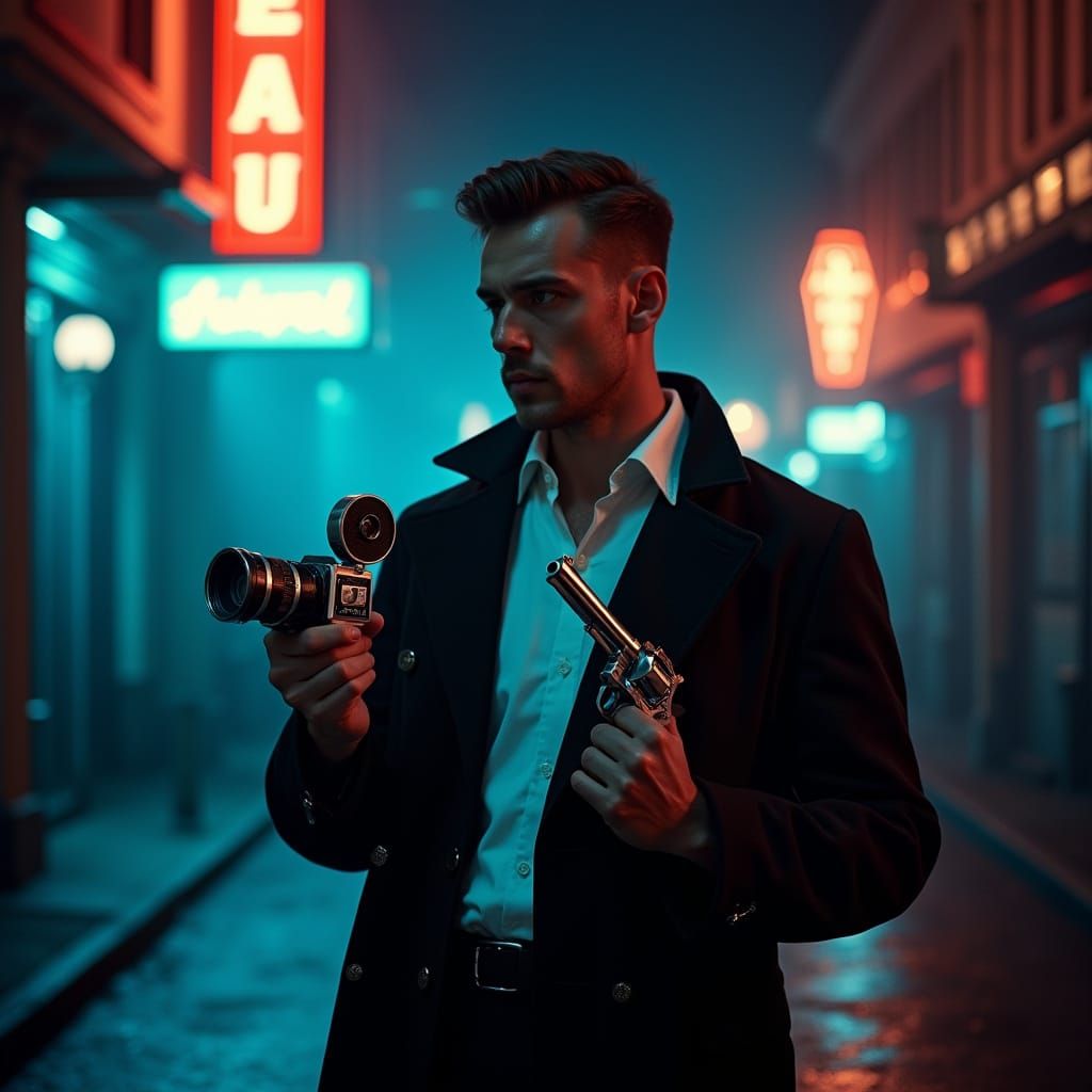 Film Noir Detective with Vintage Camera and Revolver