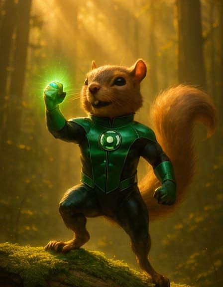 Heroic Squirrel in Emerald Light, Comic Book Style