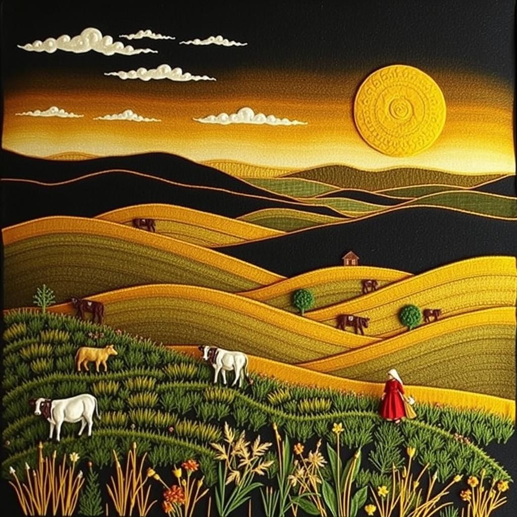 Embroidery of Rural Landscape in Folk Art Style