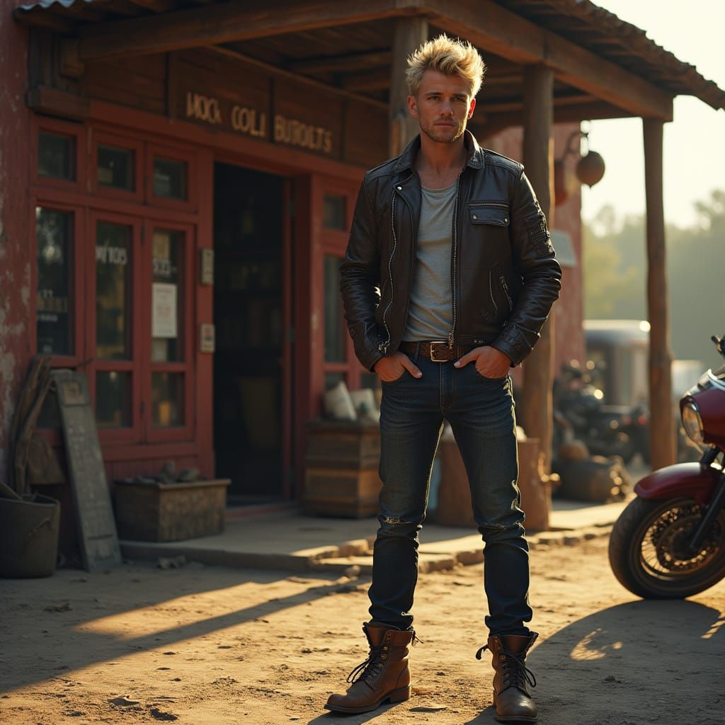 Biker in Leather Jacket at Rustic Bar, Hyperrealistic Style