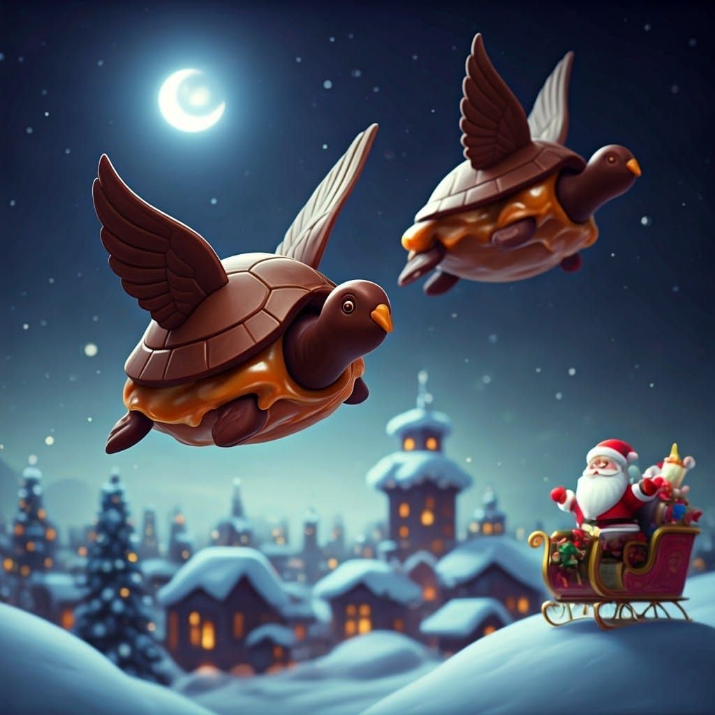 Whimsical Candy Turtles Soar Through Christmas Night in Fant...