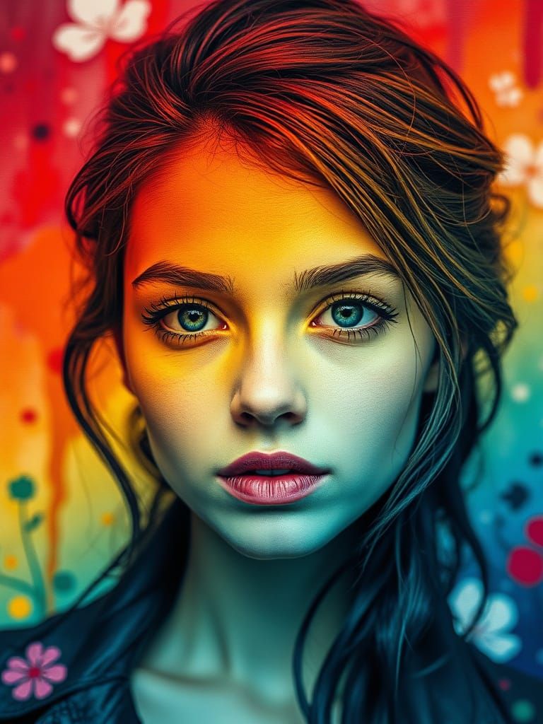 Whimsical Young Woman in Encaustic Texture with Gradient Col...