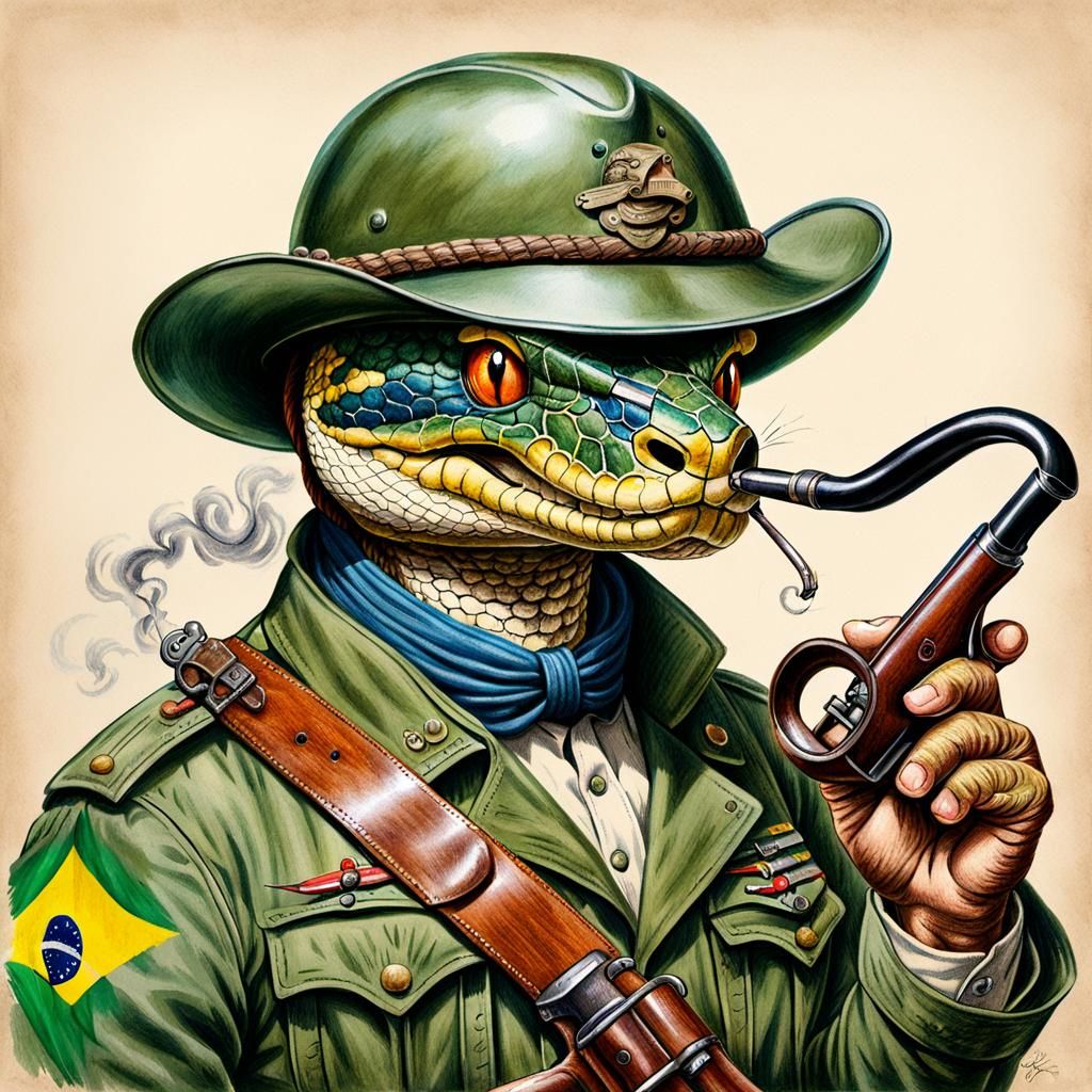 Cartoon Snake Smokes Pipe and Shoots Revolvers