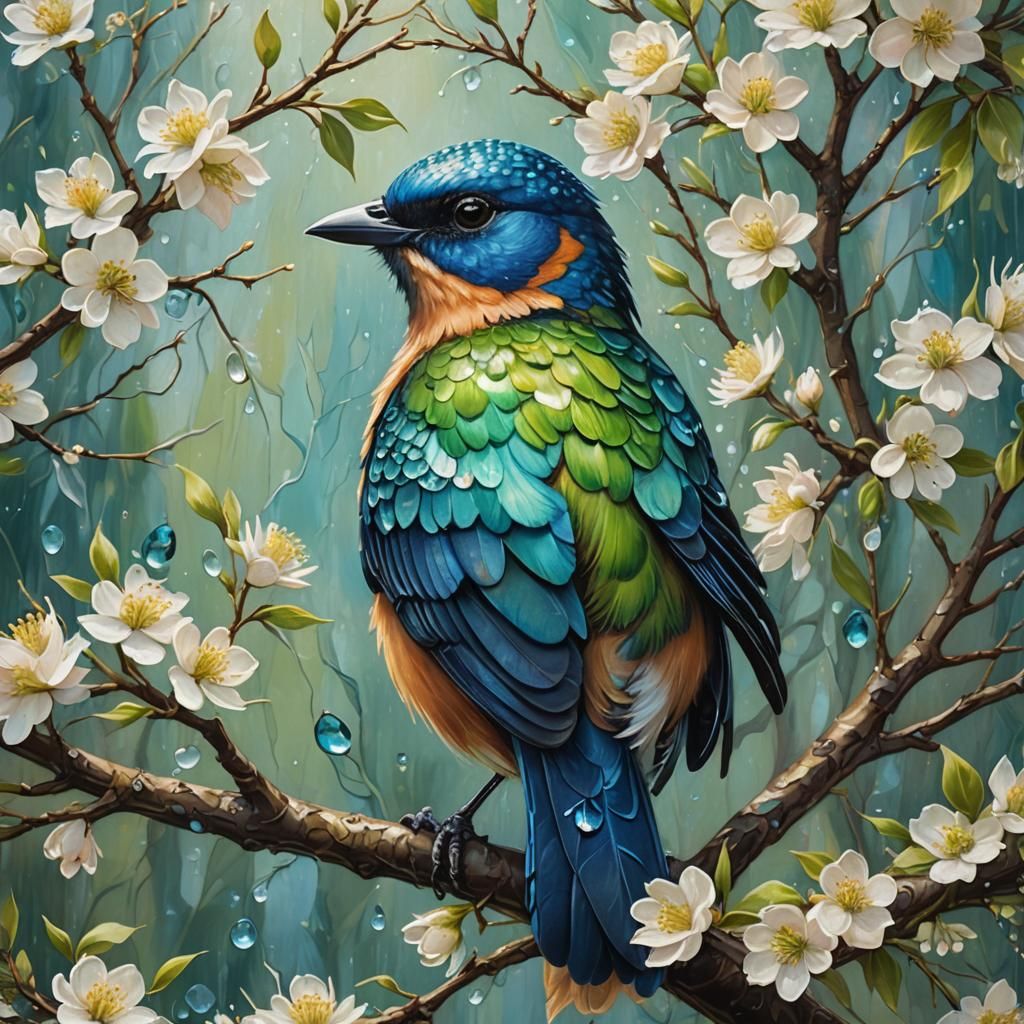 Iridescent Bird on Spring Tree, Mystical Realism