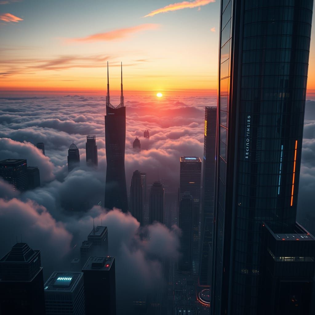 Hyperrealistic Futuristic Cityscape at Sunset