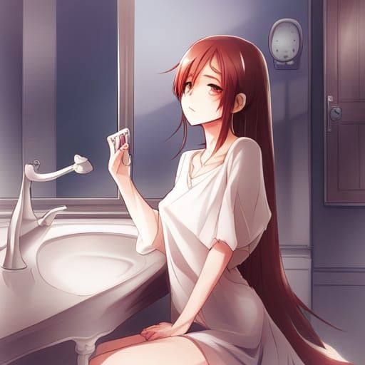 Lonely Anime Girl in Bathroom Waiting