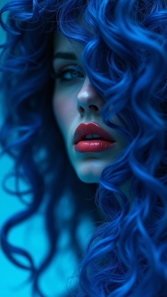 Woman With Electric Sapphire Hair in Oceanic Gradient
