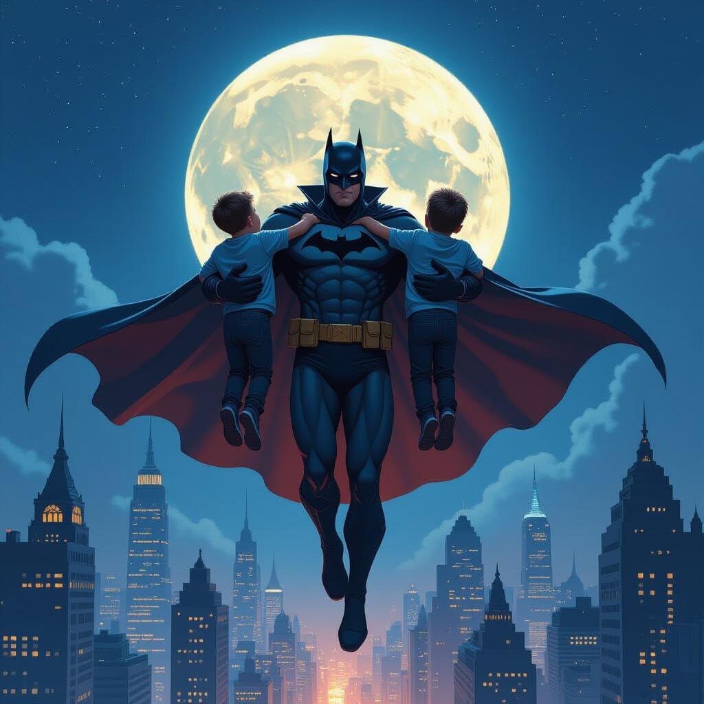 Superhero Dad Soaring Over Cityscape in Dramatic Style