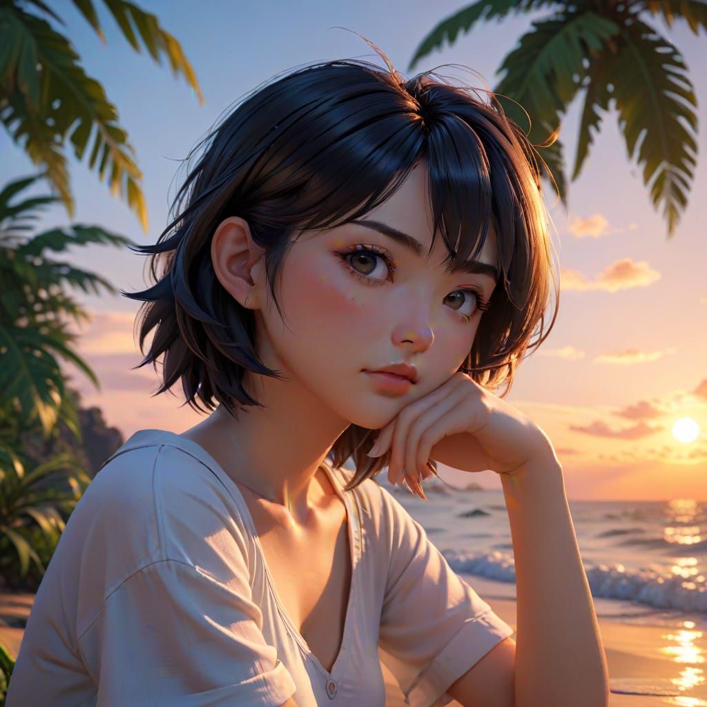 Bored Anime Girl at Tropical Sunset in 3D Style