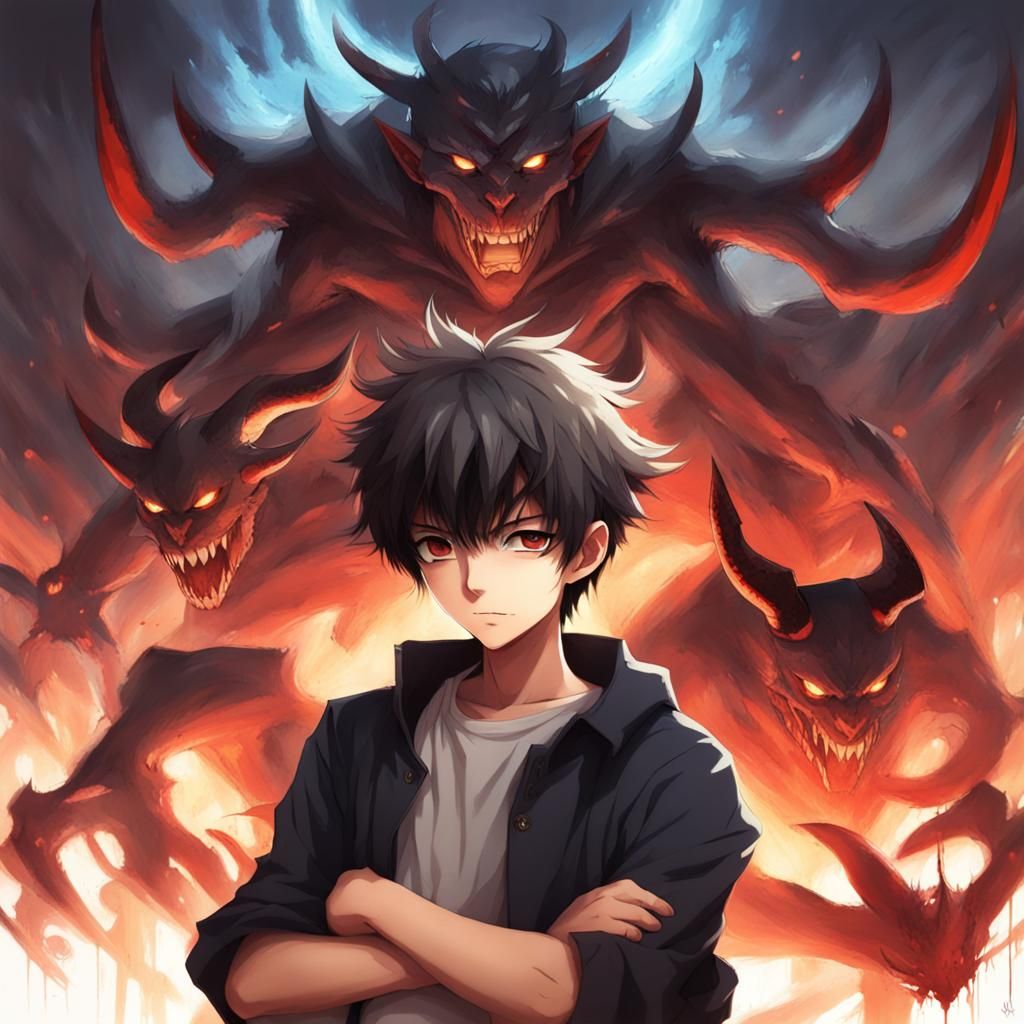 Anime Hero in Action Painting with Demons