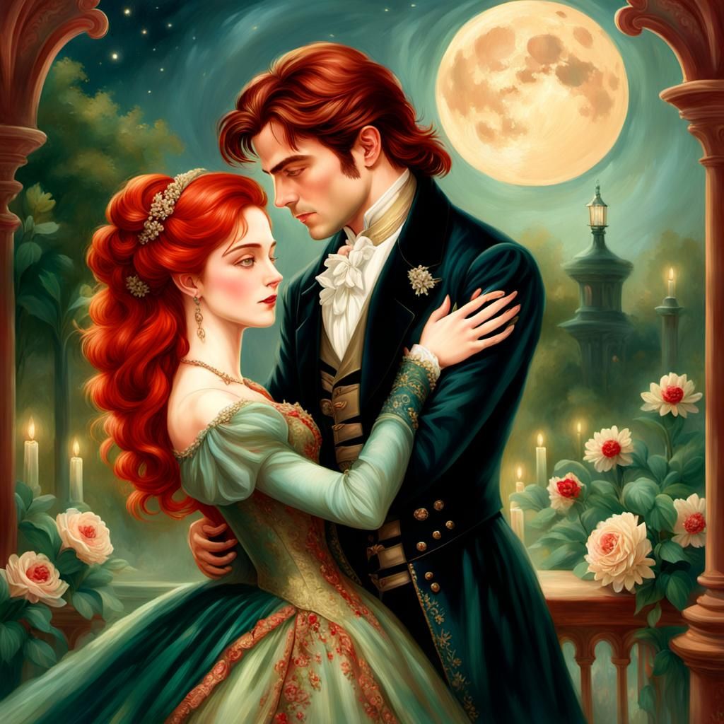 Elegant Victorian Romance Portrait in Oil on Canvas