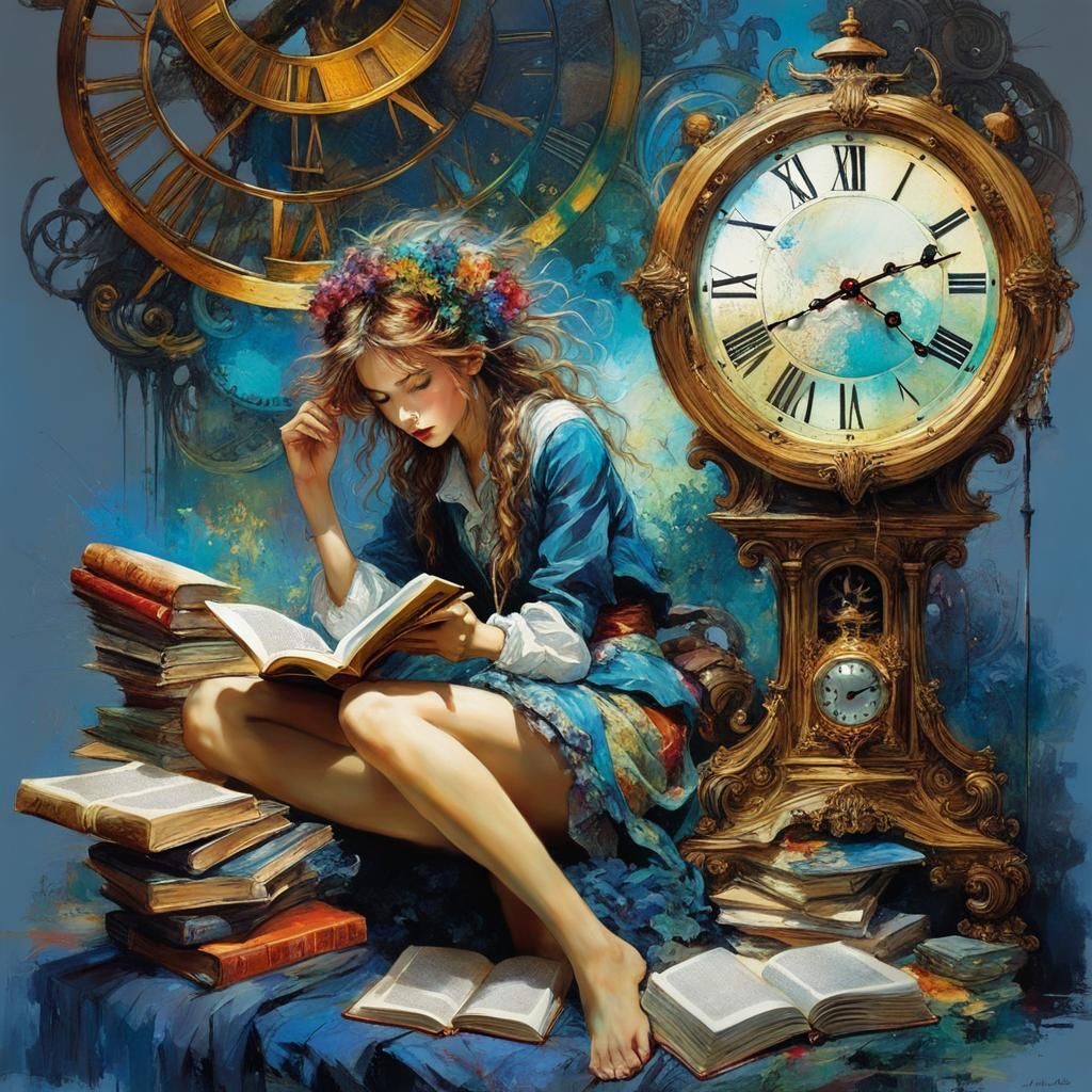 Colorful Anime Woman Reading Book with Clock
