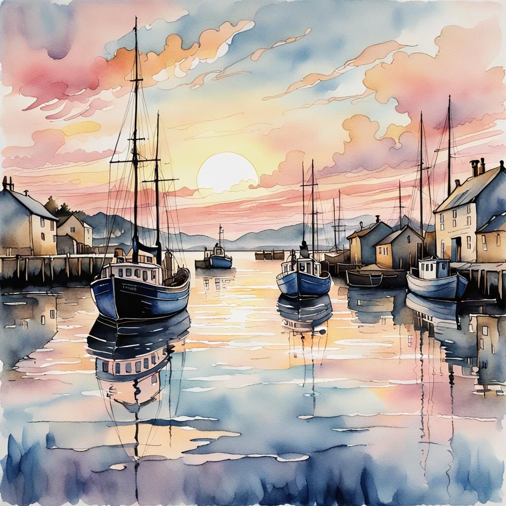 Tobamory Harbour Sunset in Watercolour and Ink