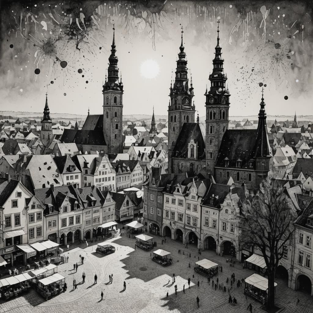 Bolesławiec Market Square: Surreal Pointillism Cityscape
