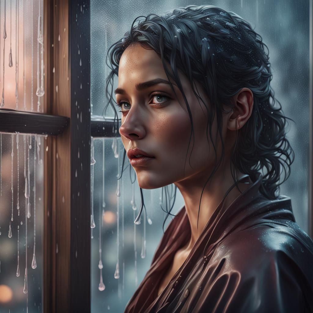 Woman Gazing Out Window in Rainy Weather