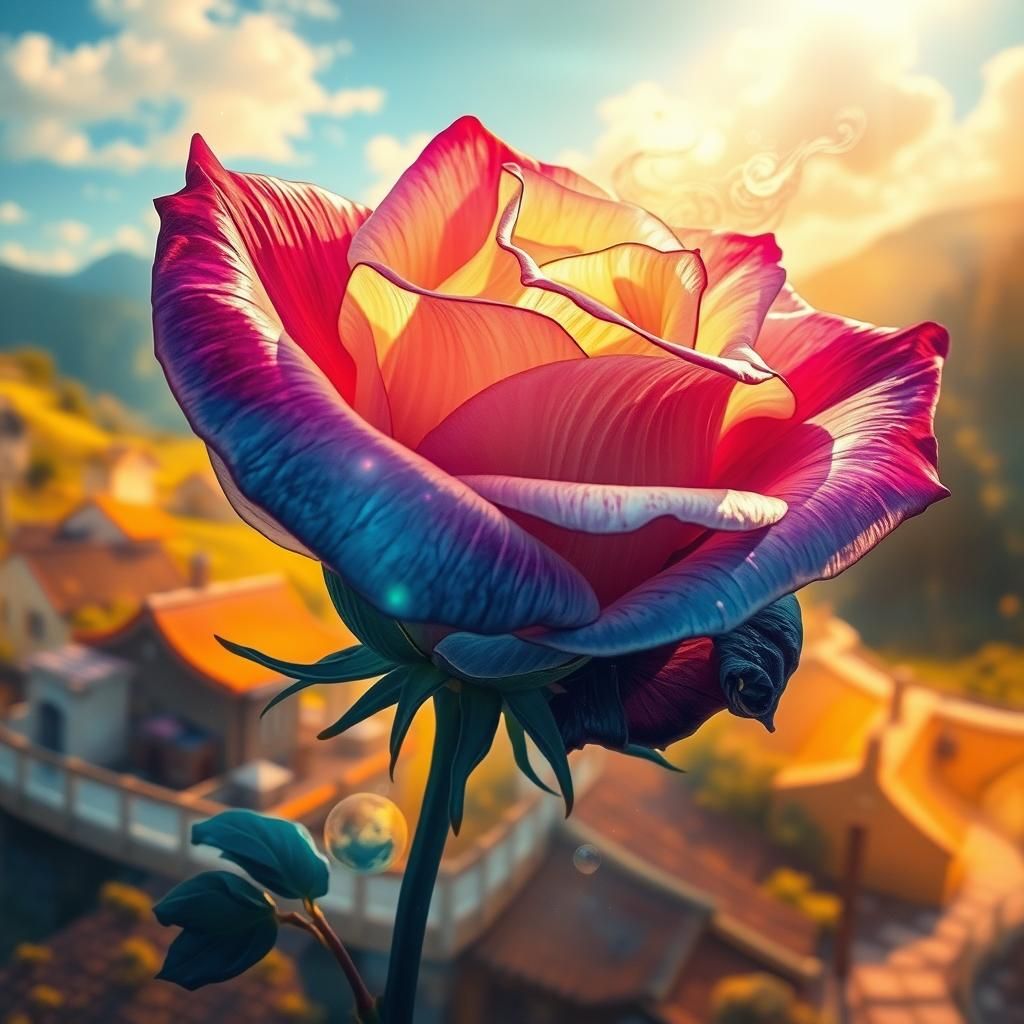 Ethereal Iridescent Rose in Fantasy Village Scene