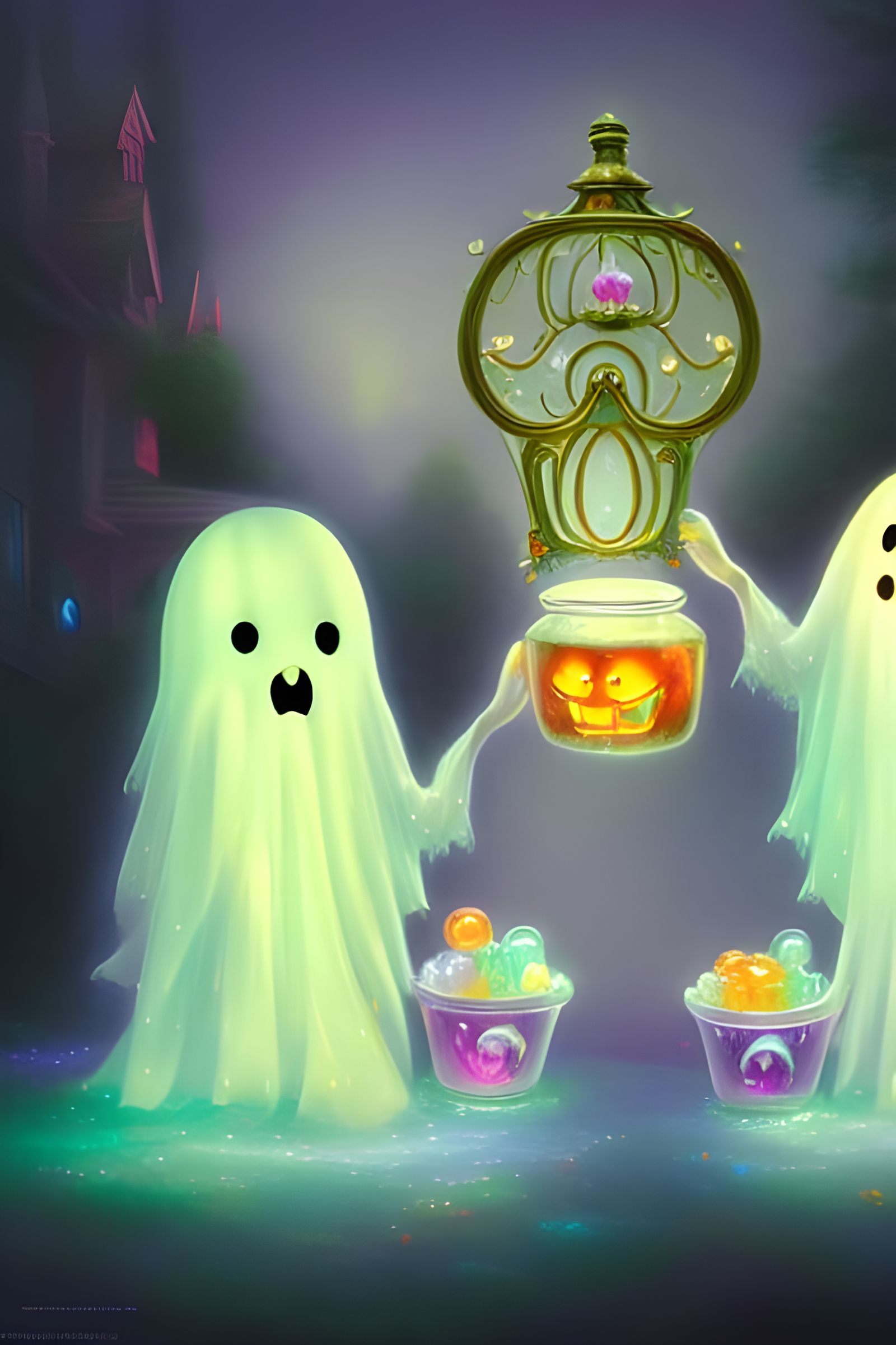 Halloween Ghosts with Candy Buckets in Art Nouveau Style