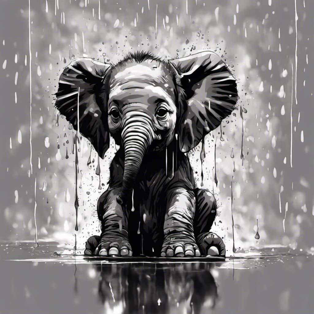 Chibi Elephant in Rain, Splash Art Stencil