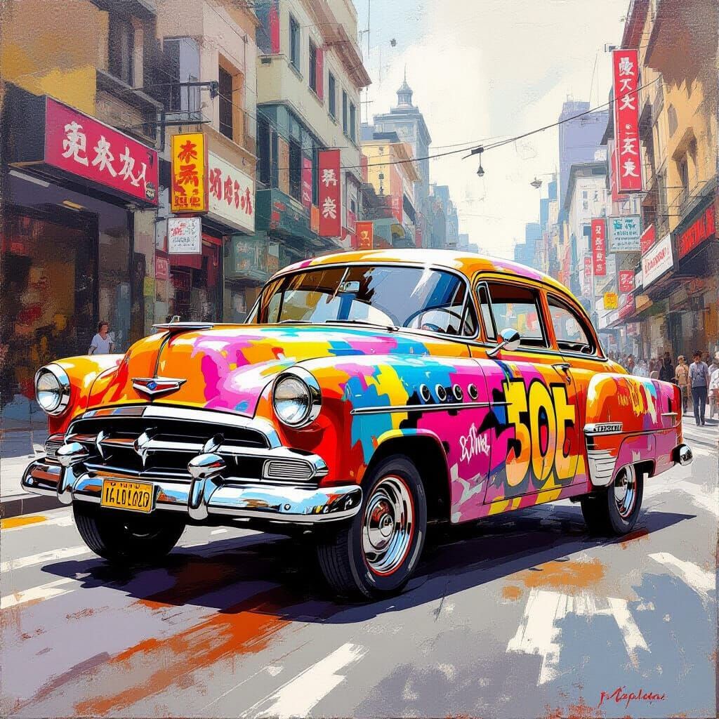 Street Art Oldtimer in Gouache Style