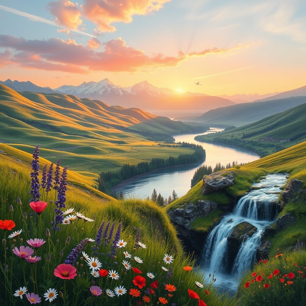 Idyllic Golden Sunrise Landscape with Rolling Hills and Maje...