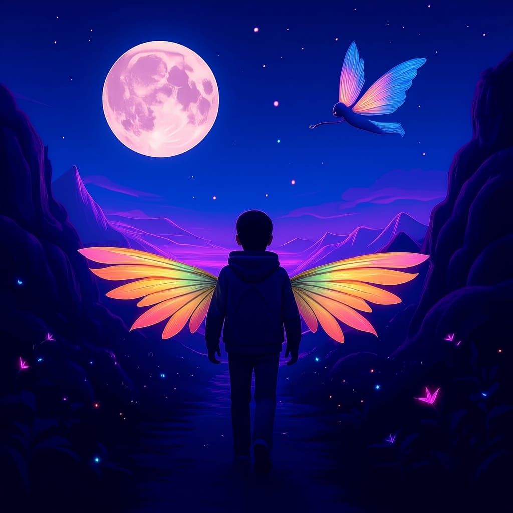 Neon Boy Enters Enchanted Forest With Fairies and Rainbow Wi...