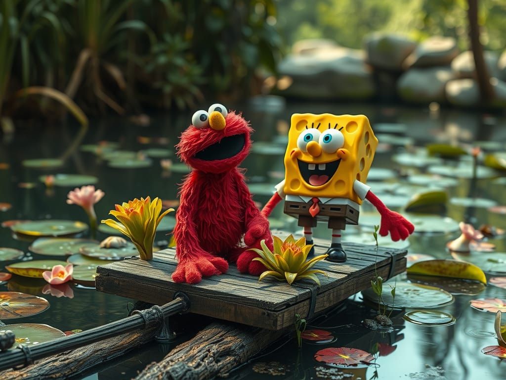 Elmo-Spongebob Symbiosis on Antique Pond Raft