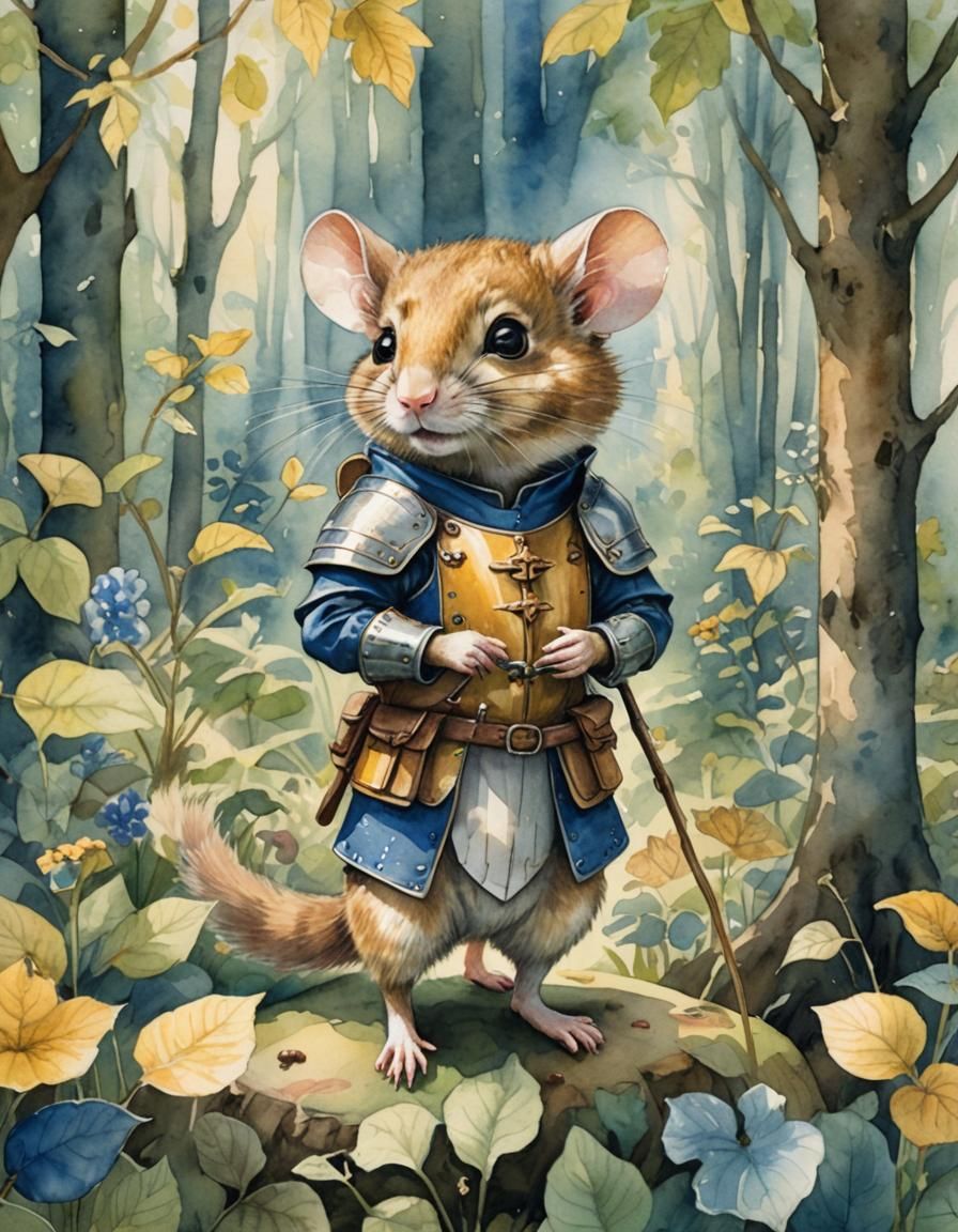 Dormouse Knight in Forest Glade: Watercolor Illustration