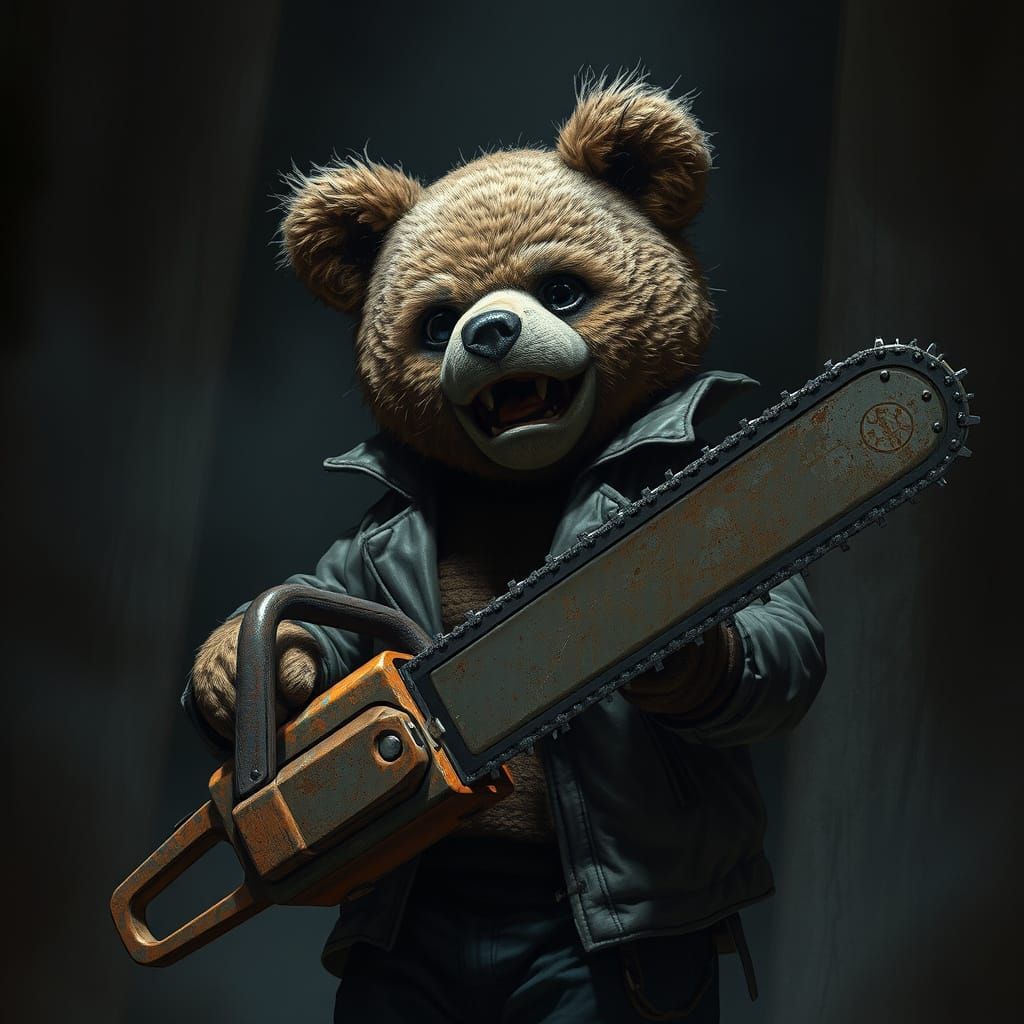 Teddy Bear with Chainsaw in Gritty Darkness