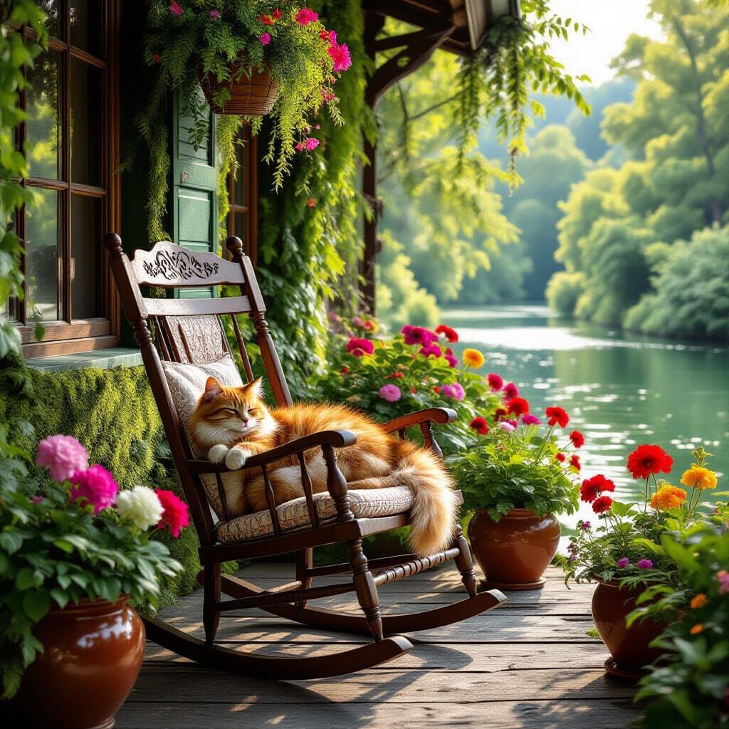 Ginger Cat Nap on Veranda in Maximalist Digital Art