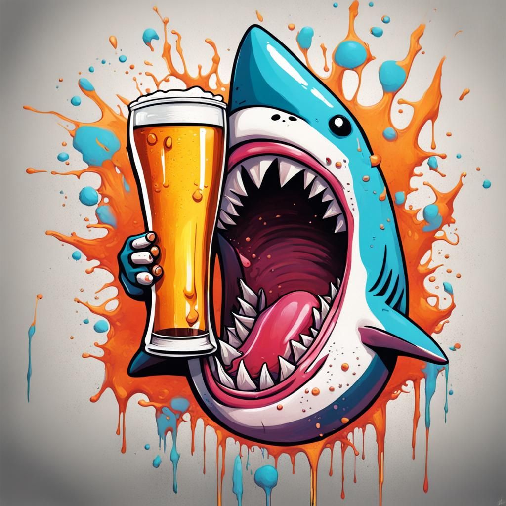 Smiling Shark with Beer in Graffiti Art Style