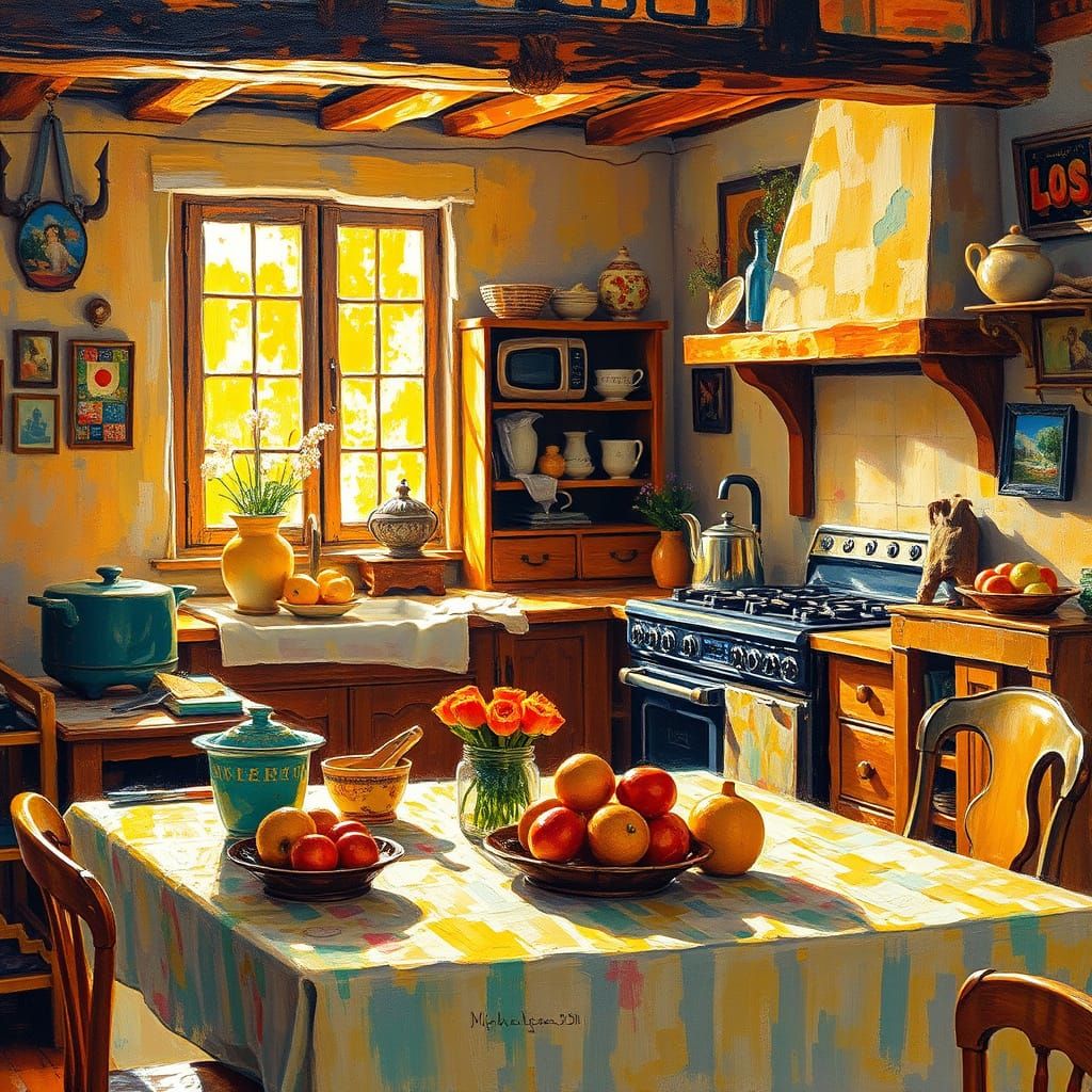 Rustic Kitchen in Impressionist Gouache and Watercolor Style