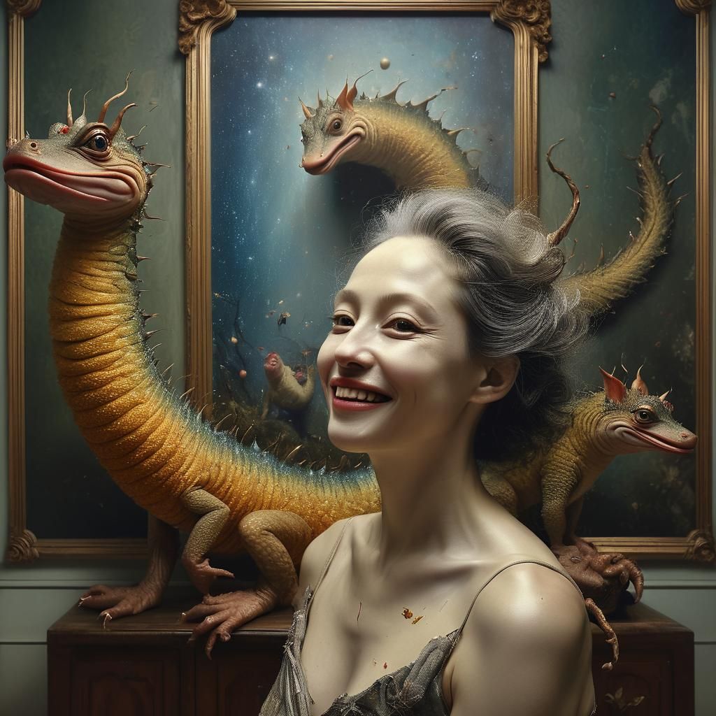 Surreal Portrait with Bizarre Creatures in Mansion