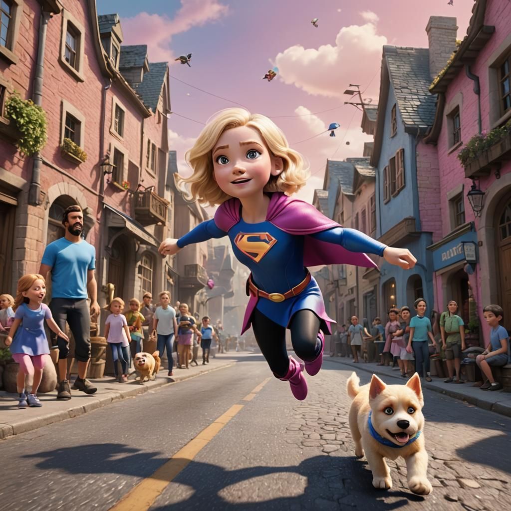 Girl Superhero Flight Over Village: 3D Digital Art