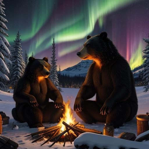 Bears Around Campfire Under Northern Lights