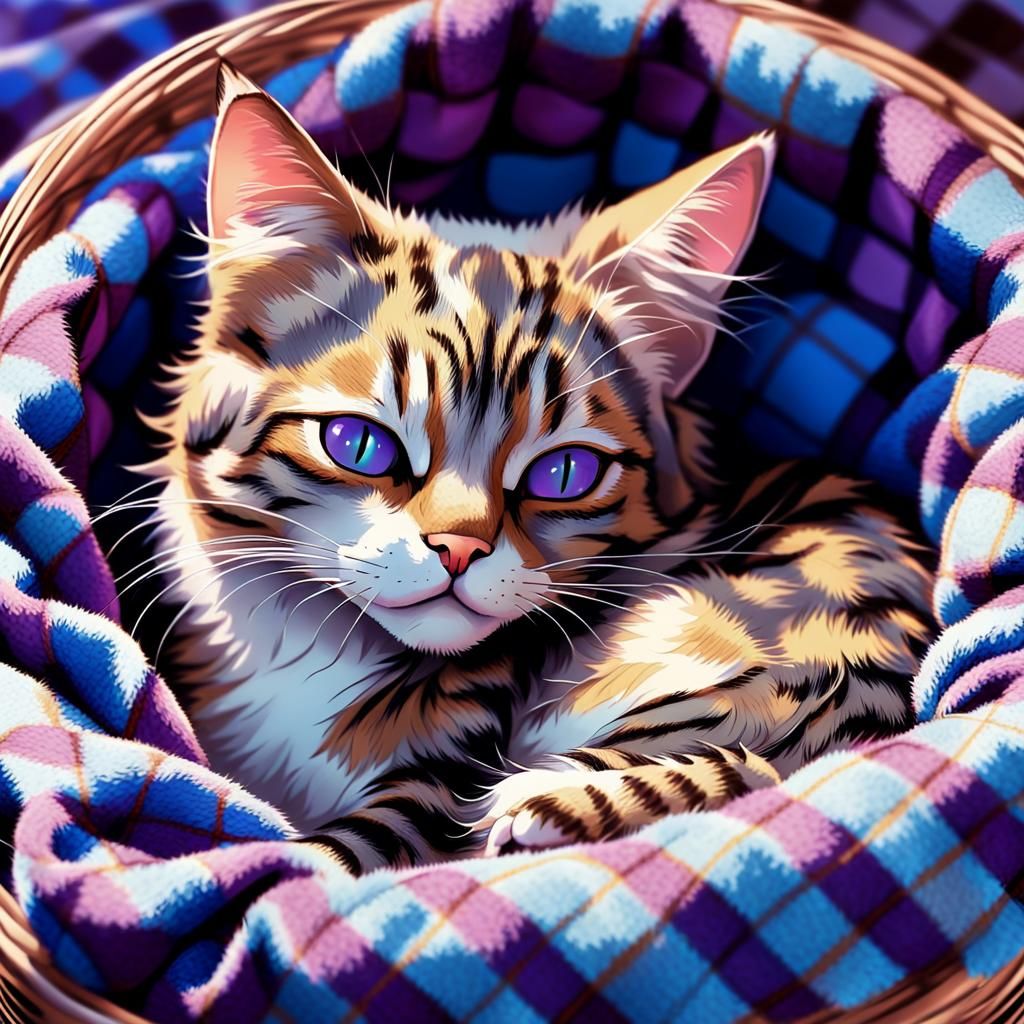 Cat Girl Slumbers Serenely in Cozy Basket Scene