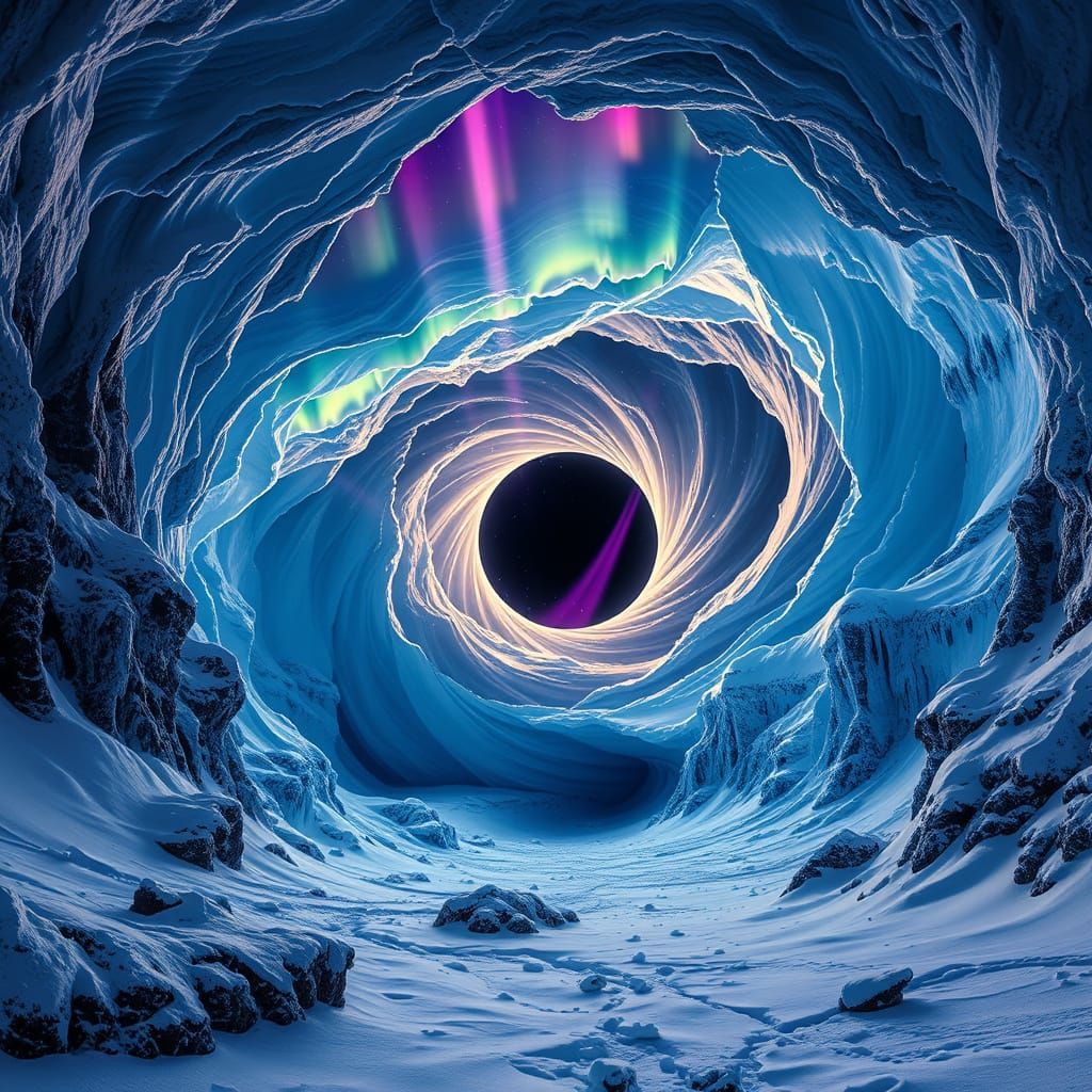 Cosmic Vortex Engulfs Arctic Paradise in Dark Fantasy