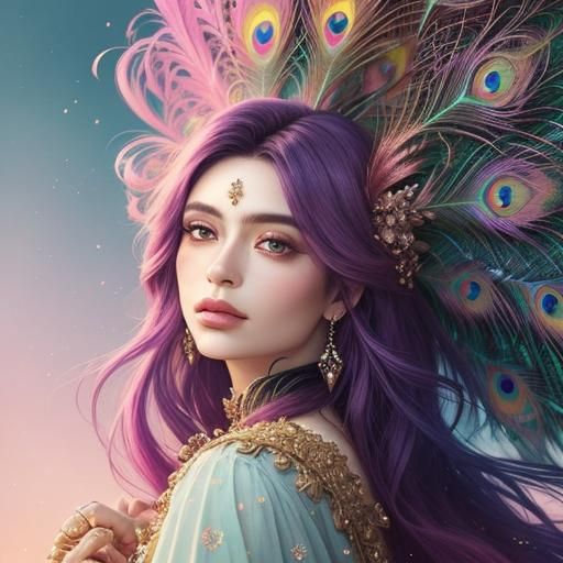 Woman with Peacock Feather Hair: Hyper-Realistic Digital Art