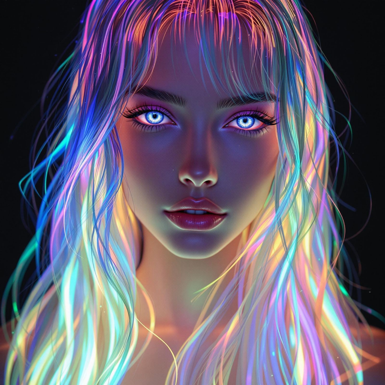 Ethereal Goddess with Neon Hair in Hyper-Realistic Sci-Fi Po...